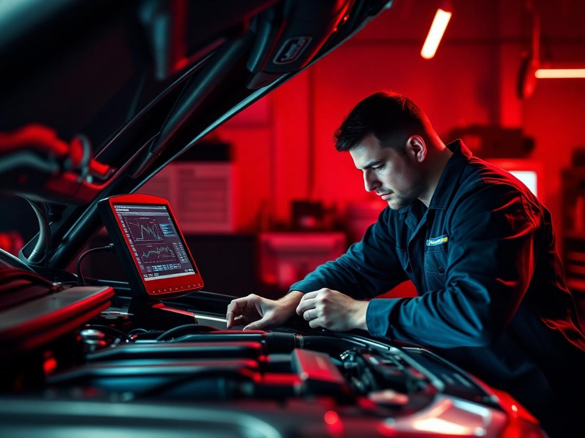 Mecânico qualificado realizando diagnóstico computadorizado em oficina premium de São Leopoldo